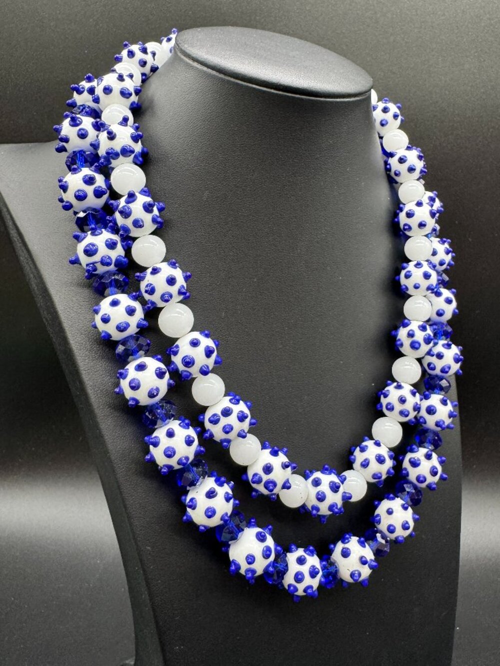 Beaded Necklace Blown Art Glass 2 Strands Round Beads White and Blue 18 in